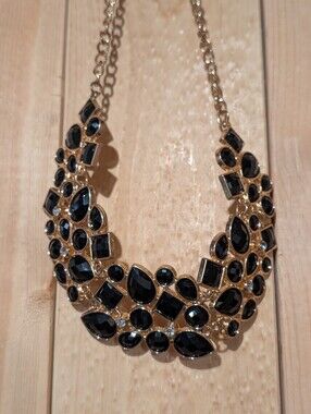 Gold Tone Black Rhinestone Geometric Bib Statement Collar Necklace